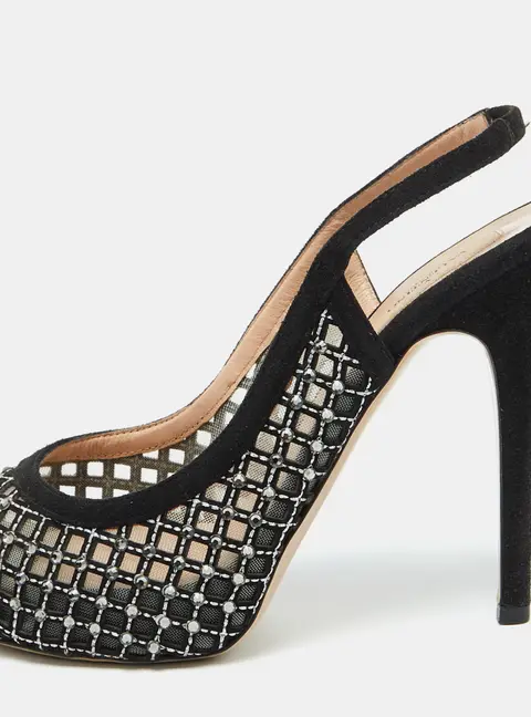 Valentino Black Mesh and Suede Crystal Embellished Peep Toe Pumps Size 38.5