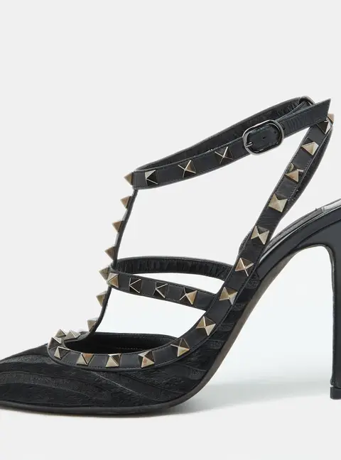Valentino Black Leather and Calf Hair Rockstud Ankle Strap Pumps Size 40