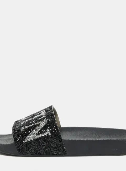 Valentino Black Leather VLTN Crystal Embellished Flat Slides Size 39