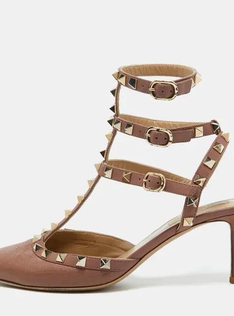 Valentino Dusty Rose Pink Leather Rockstud Ankle Strap Pumps Size 38.5
