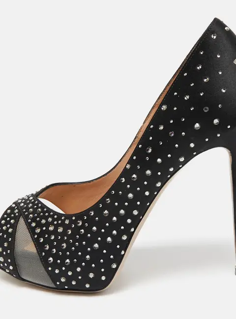 Valentino Black Satin and Mesh Crystal Embellished Platform Pumps Size 37.5