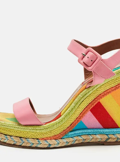 Valentino Pink Leather And Multicolor Chevron Wedge Ankle Strap Sandals Size 36