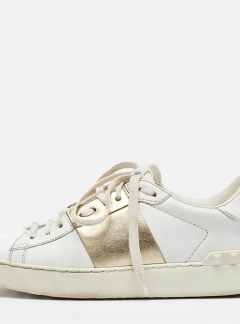 Valentino White/Gold Leather Rockstud Low Top Sneakers Size 35.5