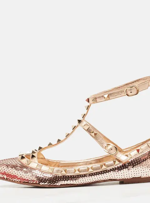 Valentino Rose Gold Sequins and Leather Rockstud Caged Ballet Flats Size 39.5