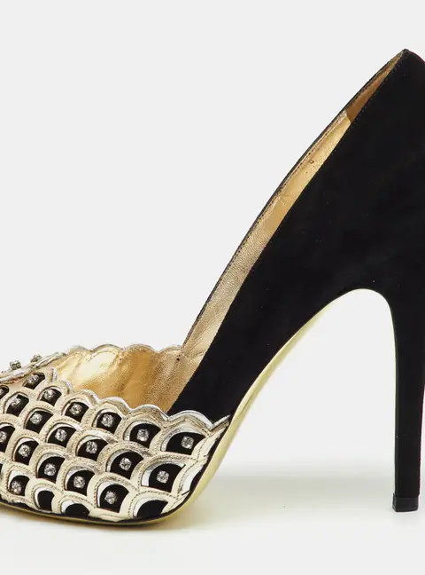 Valentino Black/Gold Suede Crystal Embellished Peep Toe Platform Pumps Size 37.5