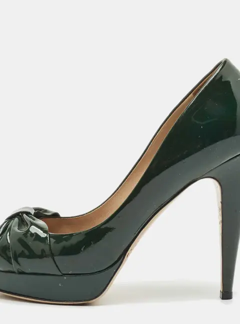 Valentino Green Patent Leather Knotted Bow Peep Toe Pumps Size 39.5