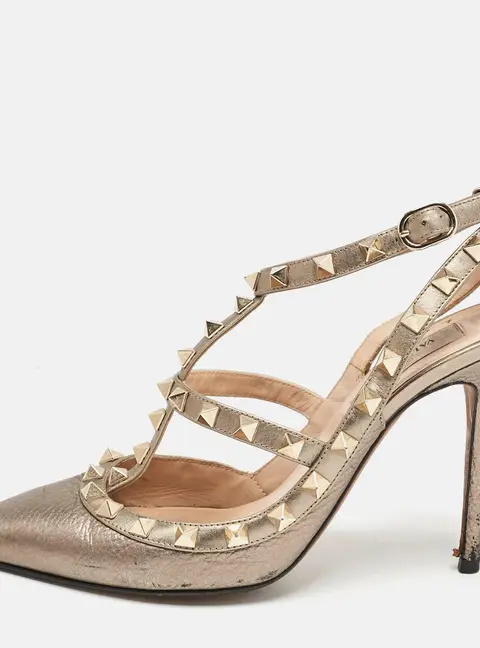 Valentino Metallic Grey Leather Rockstud Caged Ankle Strap Pumps Size 37