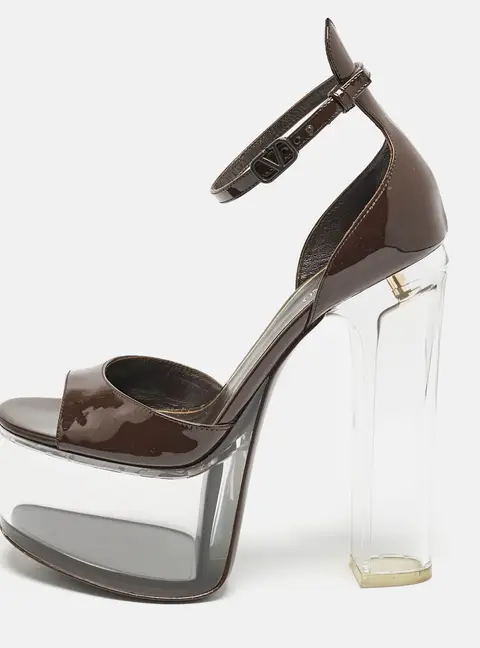 Valentino Dark Brown Patent Leather and Vinyl Tan-Go Platform Ankle Strap Sandals Size 36