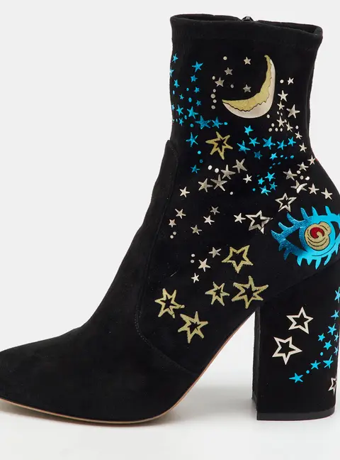 Valentino Black Suede Astro Couture Block Heel Ankle Length Boots Size 39