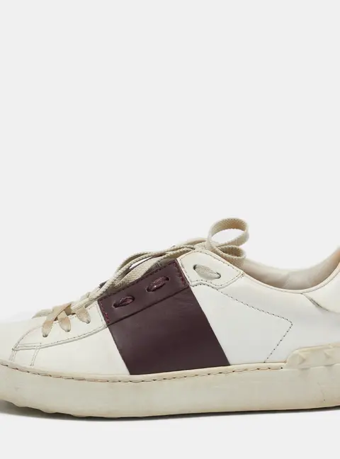 Valentino White and Burgundy Leather Open Low Top Sneakers Size 37
