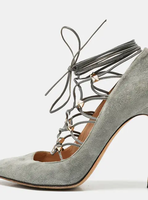 Valentino Grey Suede Rockstud Ankle Wrap Pointed Toe Pumps Size 38