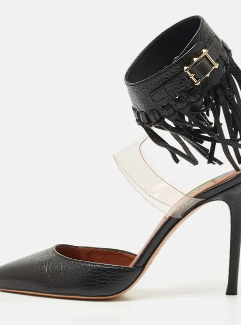 Valentino Black Leather C-Rockee Fringe Ankle Strap Sandals Size 35