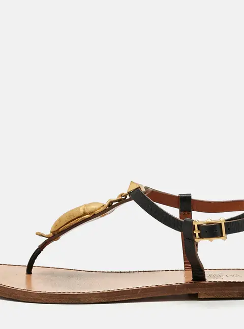 Valentino Black Leather Embellished Thong Flat Sandals Size 37.5