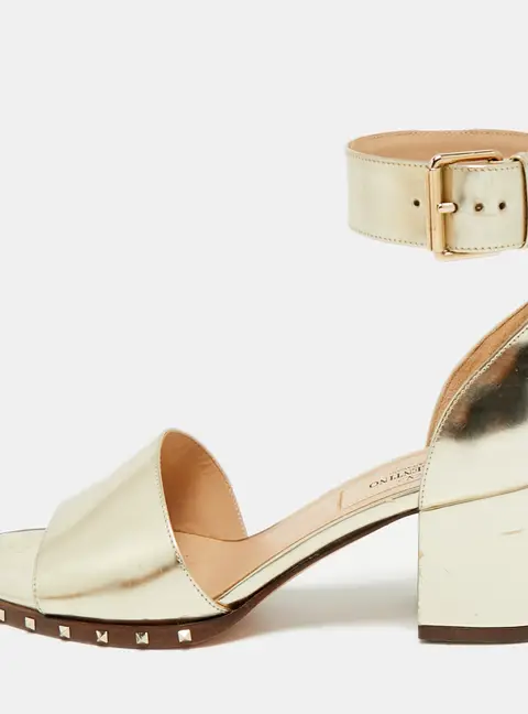 Valentino Gold Leather Soul Rockstud Ankle Strap Block Heel Sandals Size 35.5