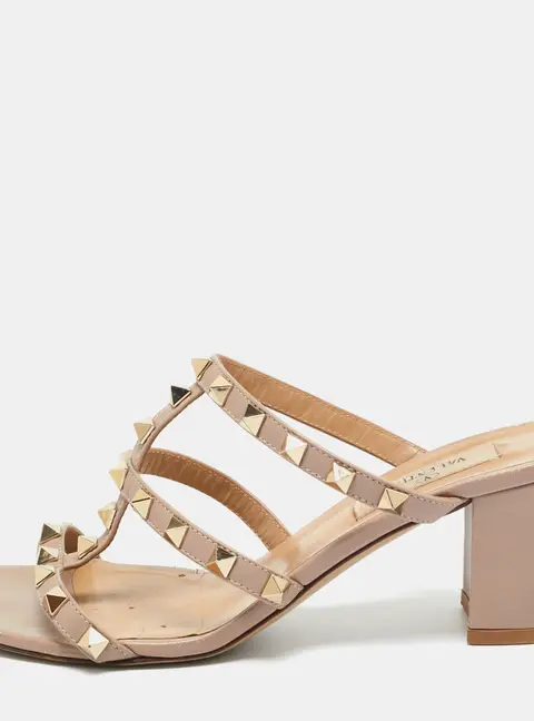 Valentino Beige Leather Rockstud Slide Sandals Size 37