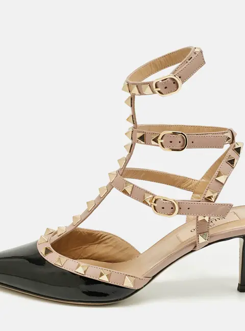 Valentino Black/Beige Patent Leather Rockstud Caged Ankle Strap Pumps Size 36.5