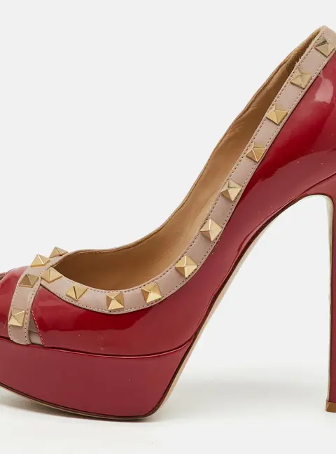 Valentino Red/Dusty Pink Patent Leather Rockstud Peep Toe Platform Pumps Size 37.5