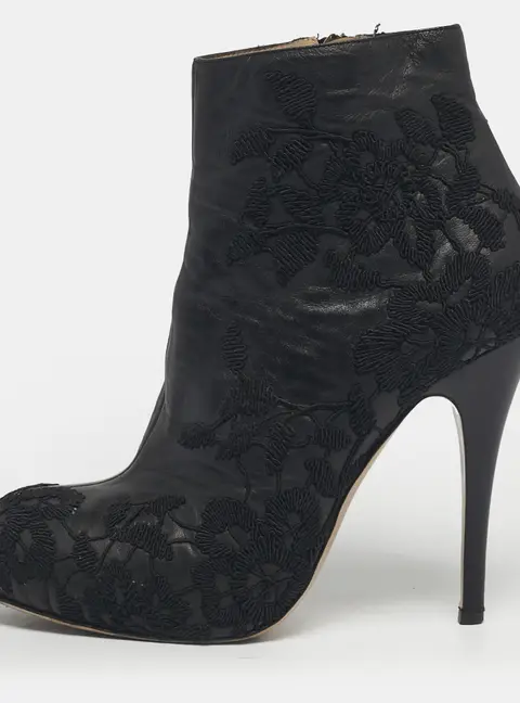 Valentino Black Embroidered Leather Zip Ankle Boots Size 39