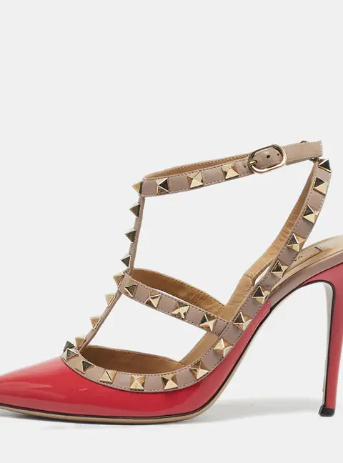 Valentino Pink/Beige Patent Leather Rockstud Caged Ankle Strap Pumps Size 37
