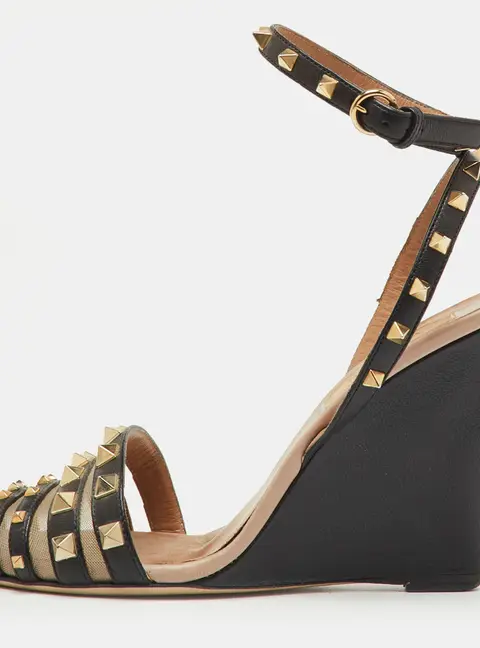 Valentino Black Leather and Mesh Rockstud Ankle Strap Wedge Sandals Size 36.5