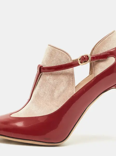 Valentino Red/Beige Patent Leather and Velvet T-Strap Pumps Size 36.5