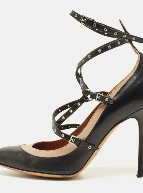 Valentino Love Latch Size 39 Black/Beige Leather Ankle Wrap Pumps