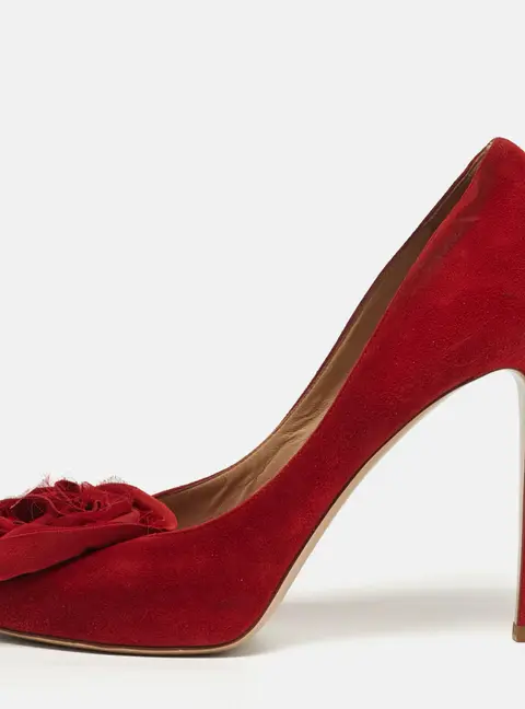 Valentino Rose Applique Size 39 Red Suede Peep Toe Pumps
