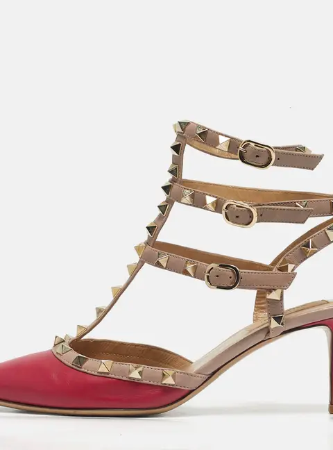 Valentino Rockstud Size 38.5 Beige/Purple Ankle Strap Leather Pumps
