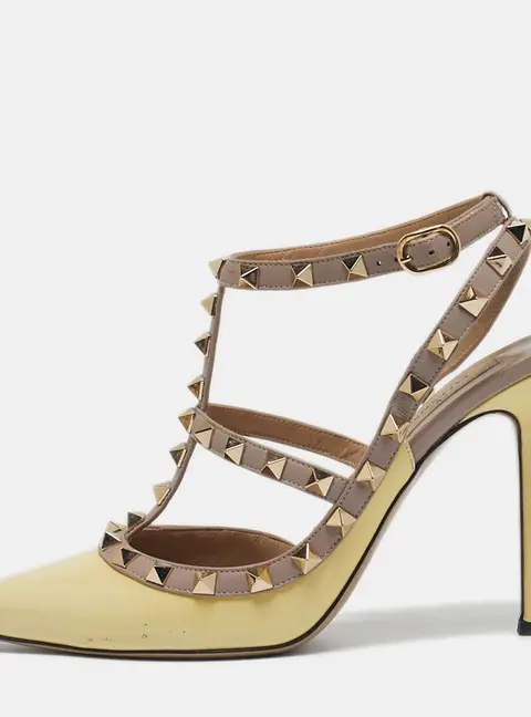 Valentino Rockstud Size 38 Yellow Leather and Patent Leather Ankle Strap Pumps