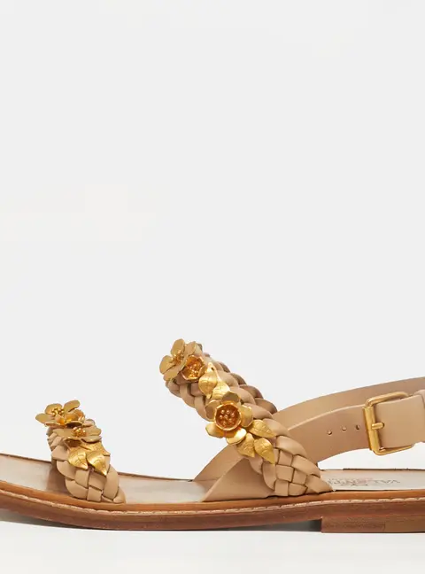 Valentino Ellis Size 37 Beige Leather Floral Embellished  Ankle Strap Sandals