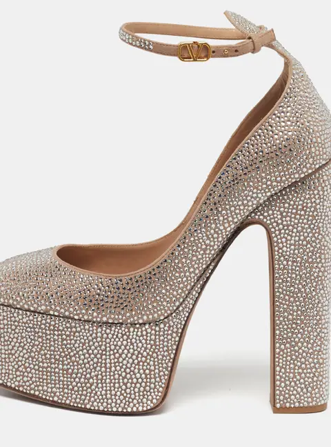 Valentino Tan-Go Size 40.5 Beige Suede Crystal Embellished Platform Pumps