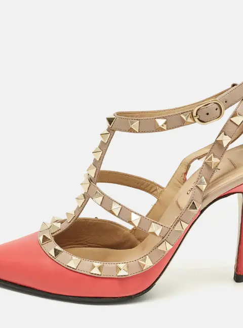 Valentino Rockstud Size 36 Red/Beige Leather Caged Ankle Strap Pumps