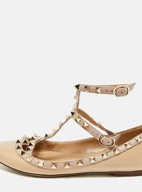 Valentino Rockstud Size 37 Beige Leather and Patent Leather Ballet Flats