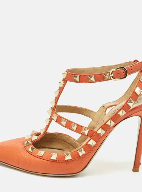 Valentino Rockstud Size 36.5 Orange Leather Ankle Strap Pumps