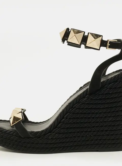 Valentino Roman stud Size 38 Black Suede Wedge Espadrille Sandals