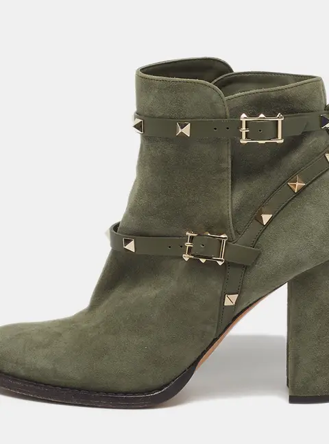 Valentino Rockstud Size 39 Green Leather and Suede Ankle Length Boots