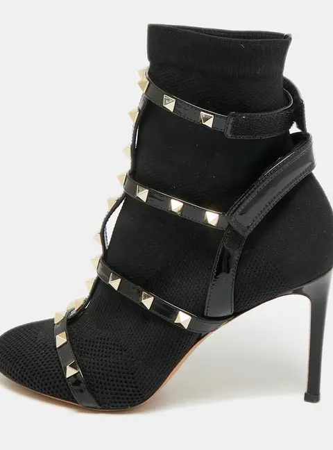Valentino Rockstud Size 36 Black Fabric and Patent Ankle Length Boots