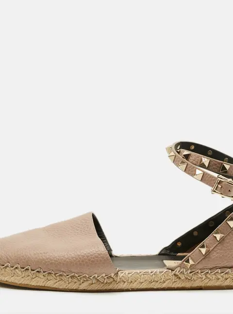 Valentino Rockstud Size 38 Beige Leather Ankle Wrap Espadrille Flats