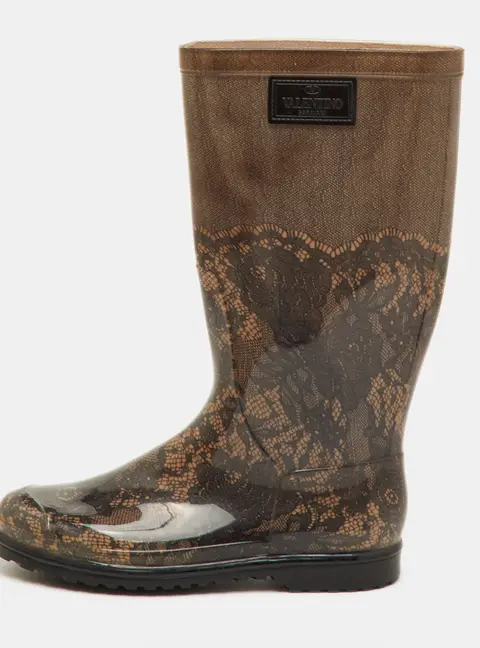 Valentino Size 41 Black/Beige Lace Print Rubber Rain Boots