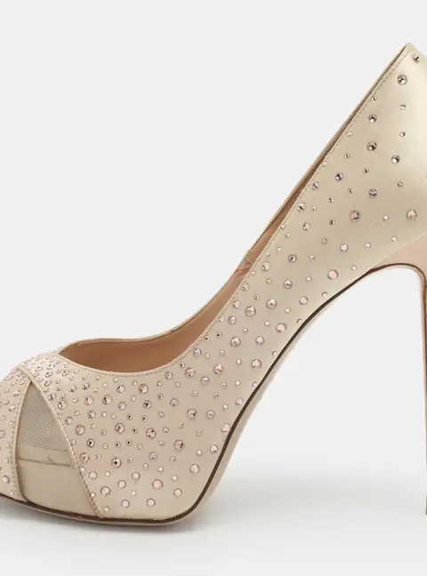 Valentino Beige Crystal Embellished Satin/Mesh Criss Cross Platform Pumps Size 38