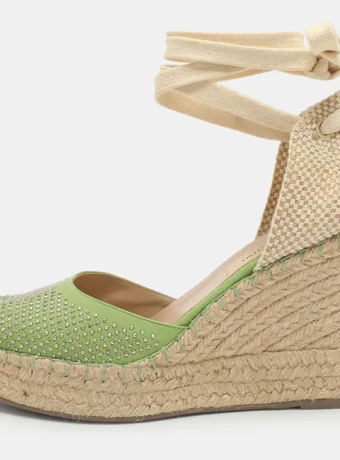 Valentino Green Studded Leather Espadrille Wedge Ankle Strap Sandals Size 38