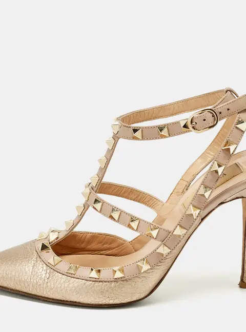 Valentino Rockstud Caged Size 38 Metallic/Beige Leather Ankle Strap Pumps