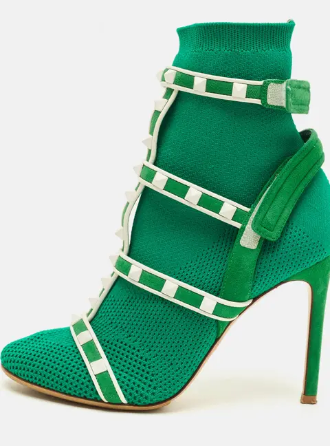 Valentino Rockstud Bodytech Size 35 Green/White Knit Fabric and Suede Ankle Length Boots