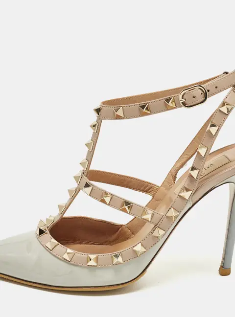 Valentino Rockstud Caged Size 39 Grey/Beige Patent and Leather Ankle Strap Pumps