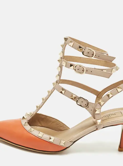 Valentino Rockstud Caged Size 40.5 Beige/Orange Leather Pumps