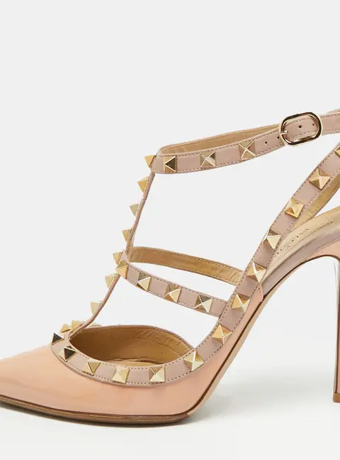 Valentino Rockstud Size 39.5 Beige/Orange Leather and Patent Leather Pumps