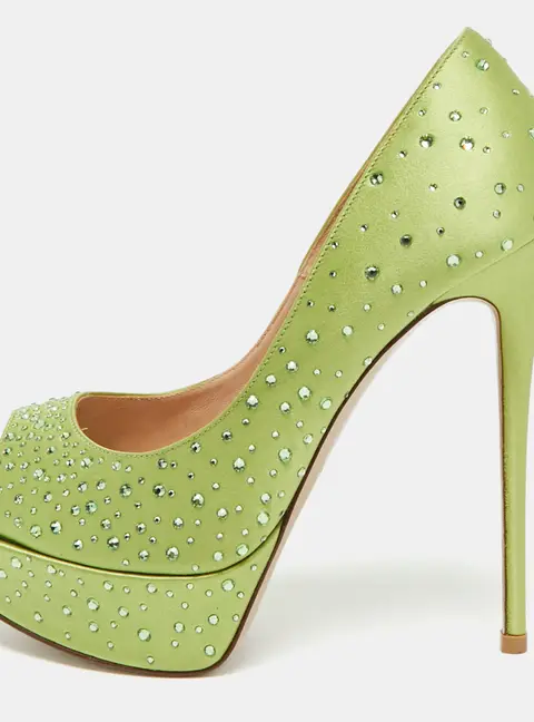 Valentino Size 36.5 Green Satin Crystal Embellished Platform Pumps