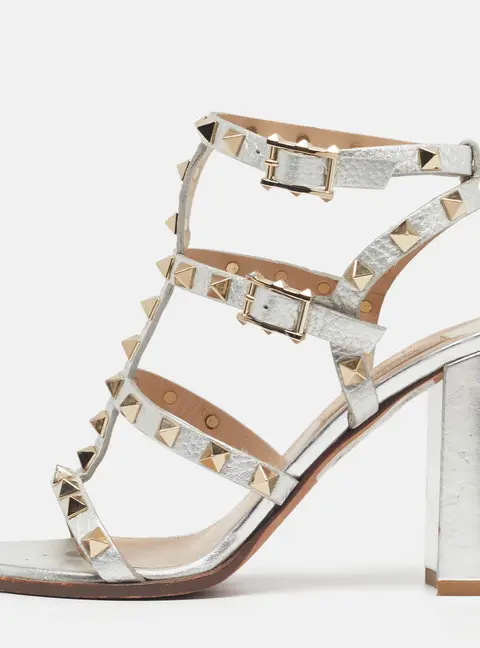 Valentino VLogo Size 36 Silver Leather Ankle Strap Sandals