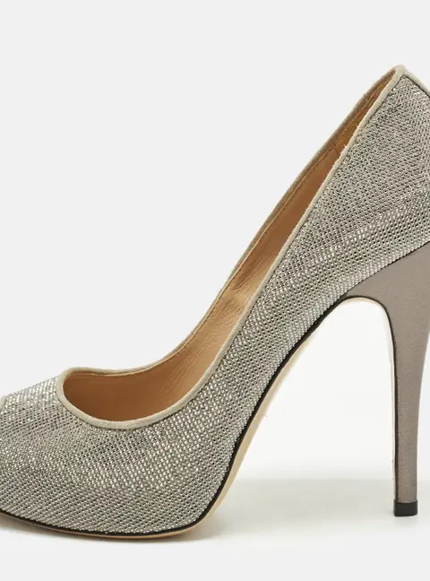 Valentino Size 38 Metallic Silver/Grey Suede Crystal Embellished Peep Toe Pumps