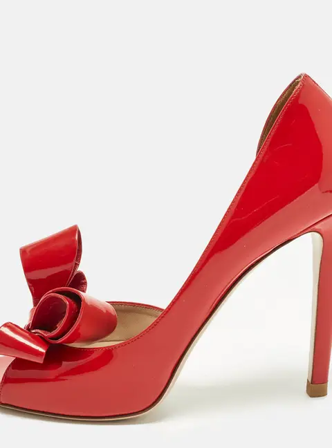 Valentino Open Toe  Size 38 Red Patent Leather Bow D'orsay Pumps